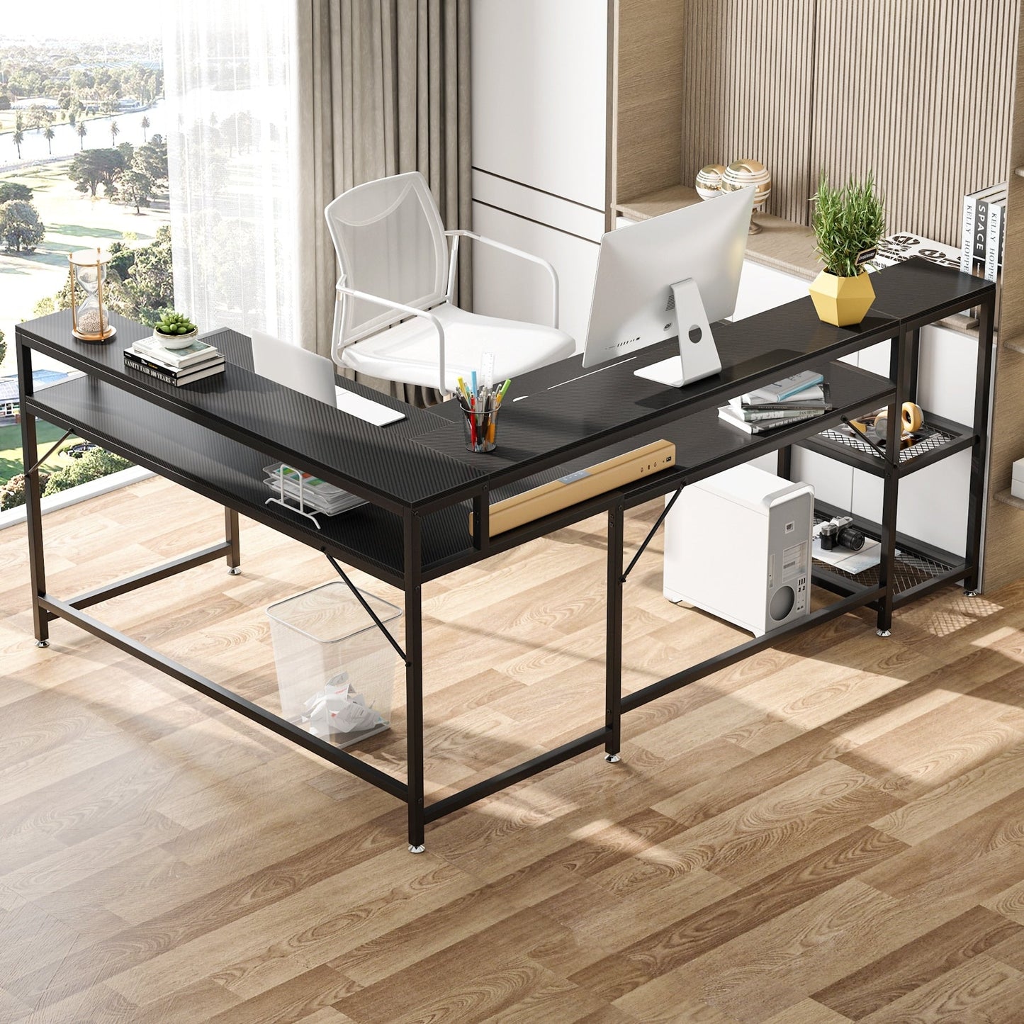 Bureau en forme de L avec étagère pour moniteur, bureau d'ordinateur d'angle réversible pour bureau à domicile 69