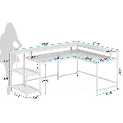 Bureau en forme de L avec étagère pour moniteur, bureau d'ordinateur d'angle réversible pour bureau à domicile 69