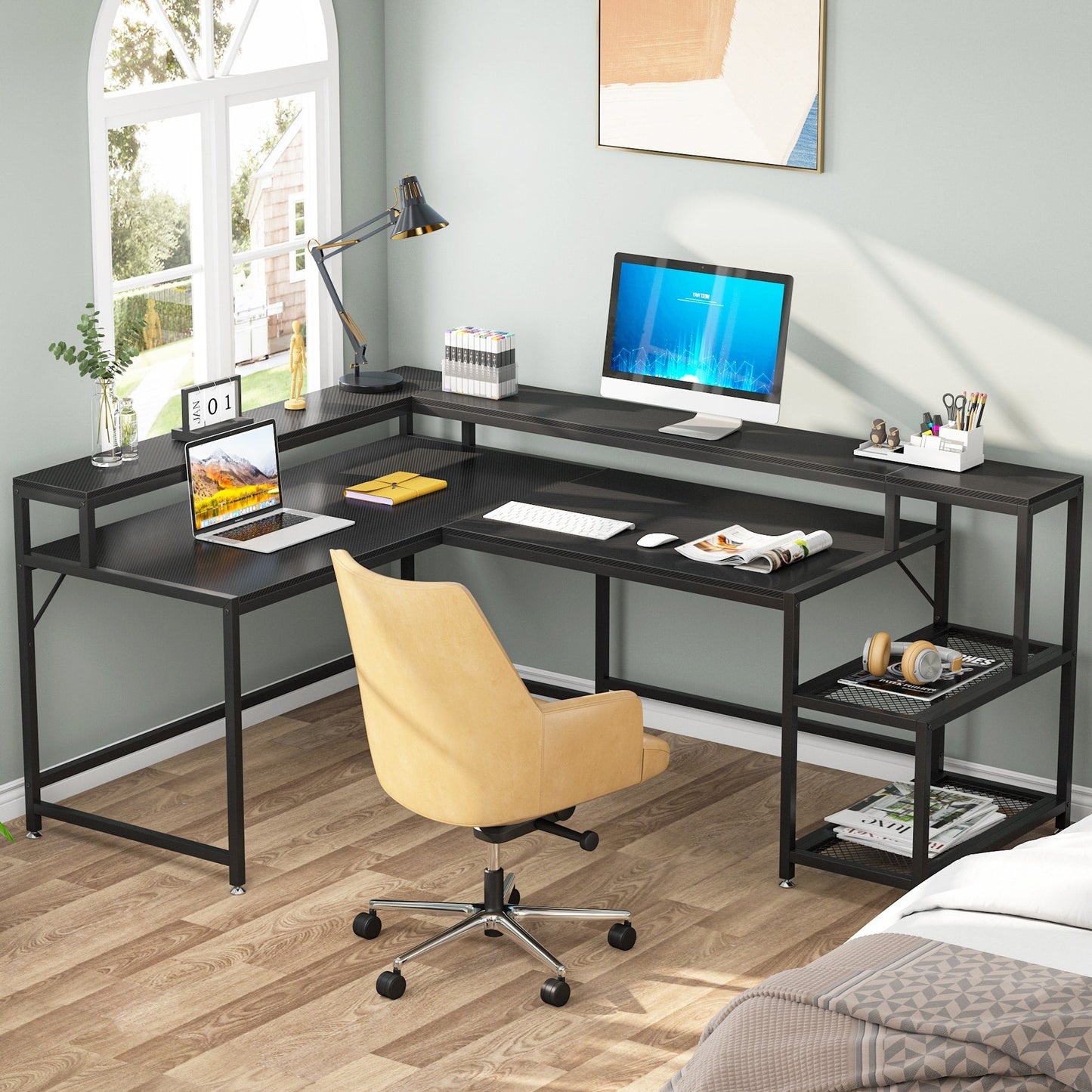 Bureau en forme de L avec étagère pour moniteur, bureau d'ordinateur d'angle réversible pour bureau à domicile 69
