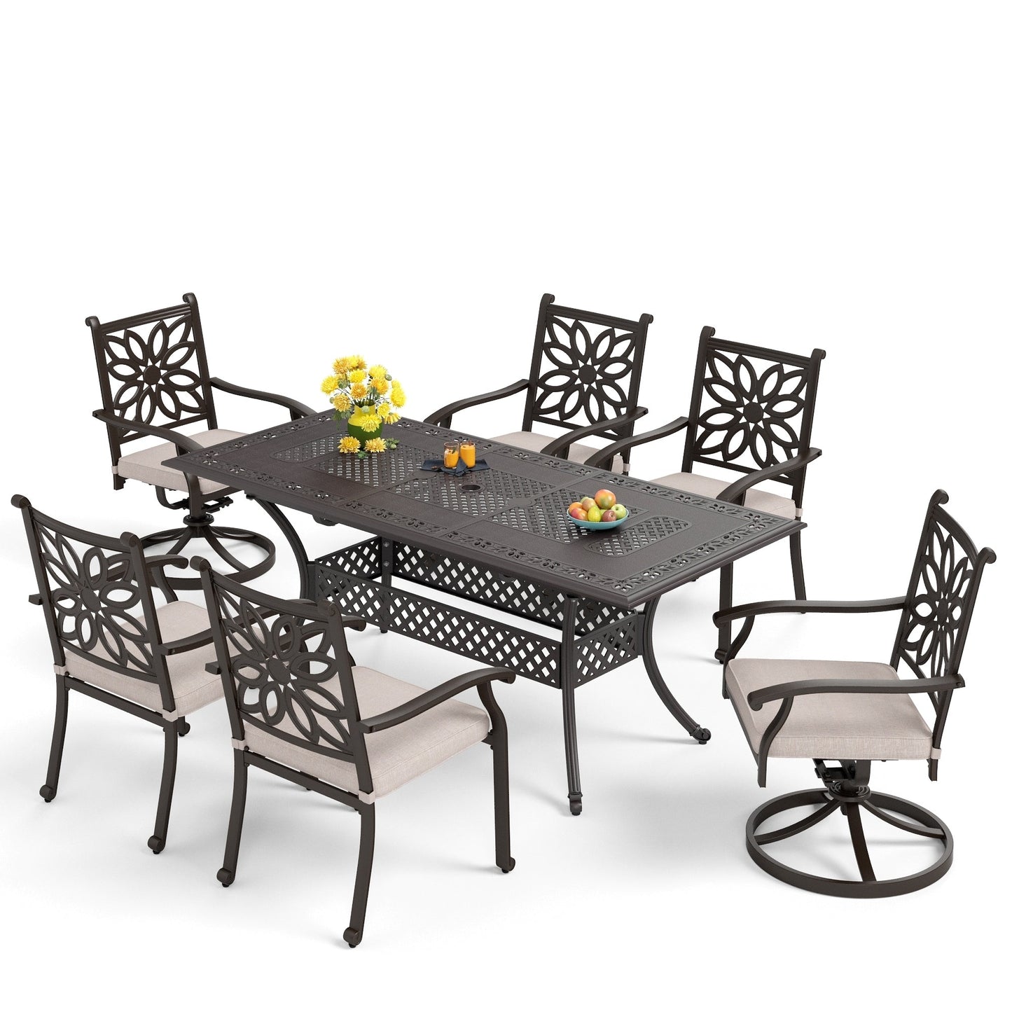 Ensemble de repas de jardin MAISON ARTS 7 pièces en fonte d'aluminium avec table rectangulaire extensible et 6 chaises en fonte d'aluminium