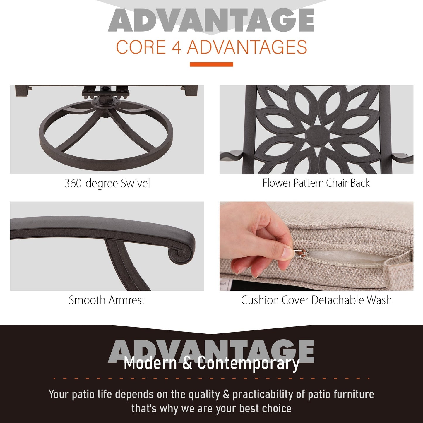 MAISON ARTS Chaises de salle à manger/ensemble de repas de patio en aluminium moulé avec table de salle à manger ronde et 6 chaises de patio en aluminium moulé