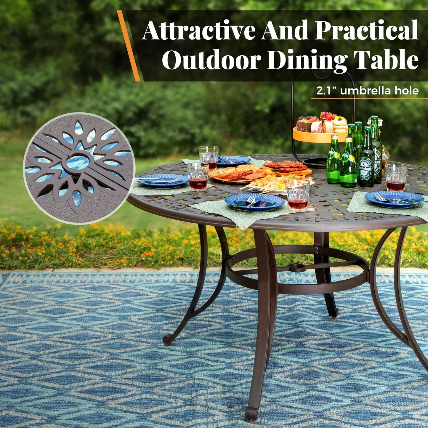 MAISON ARTS Chaises de salle à manger/ensemble de repas de patio en aluminium moulé avec table de salle à manger ronde et 6 chaises de patio en aluminium moulé