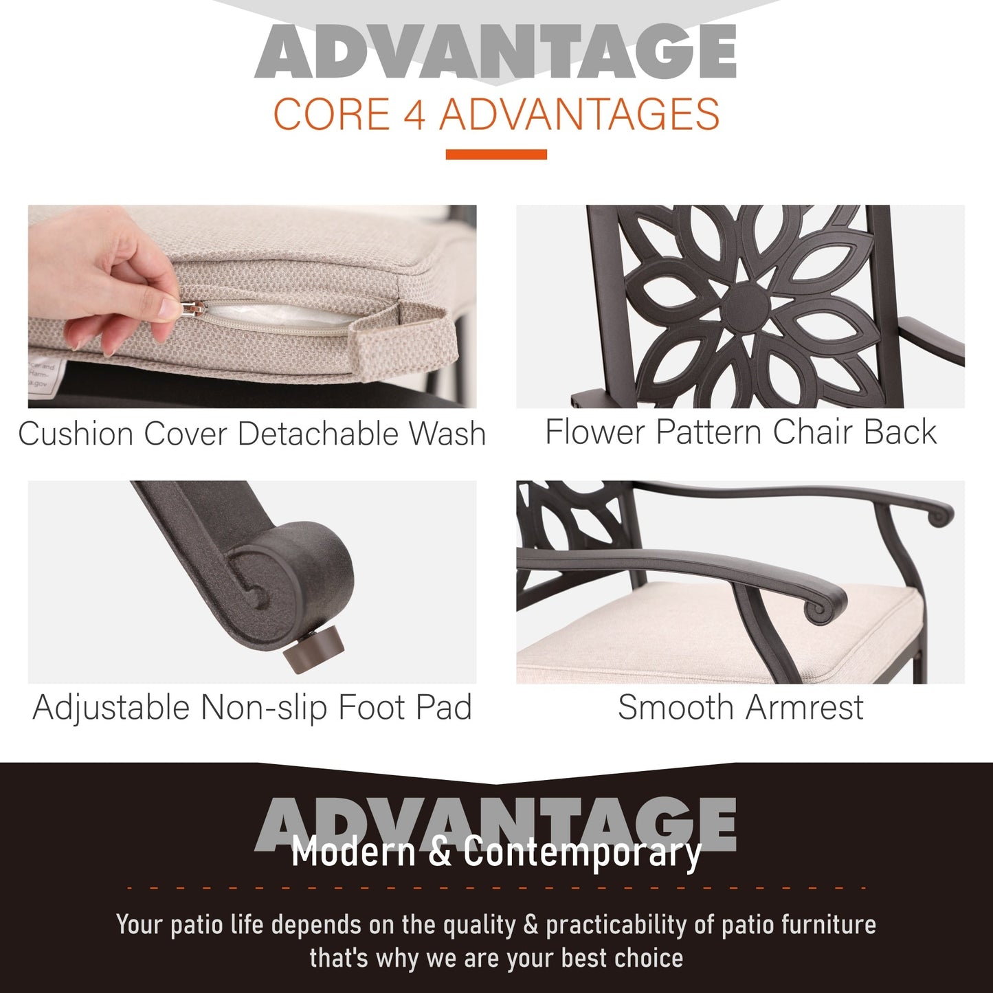 MAISON ARTS Chaises de salle à manger/ensemble de repas de patio en aluminium moulé avec table de salle à manger ronde et 6 chaises de patio en aluminium moulé