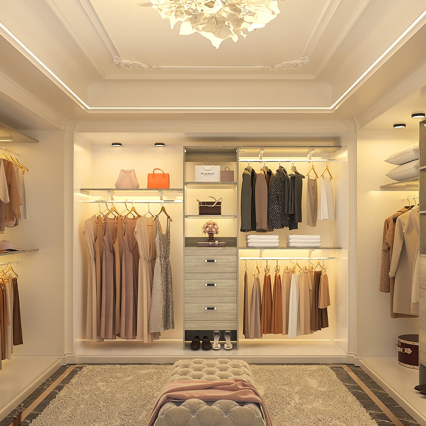 Rackcog Organisateur de placard réglable de 305 cm avec tiroirs, système de rangement avec étagères personnalisables pour placard à l'ancienne et placard aménagé.