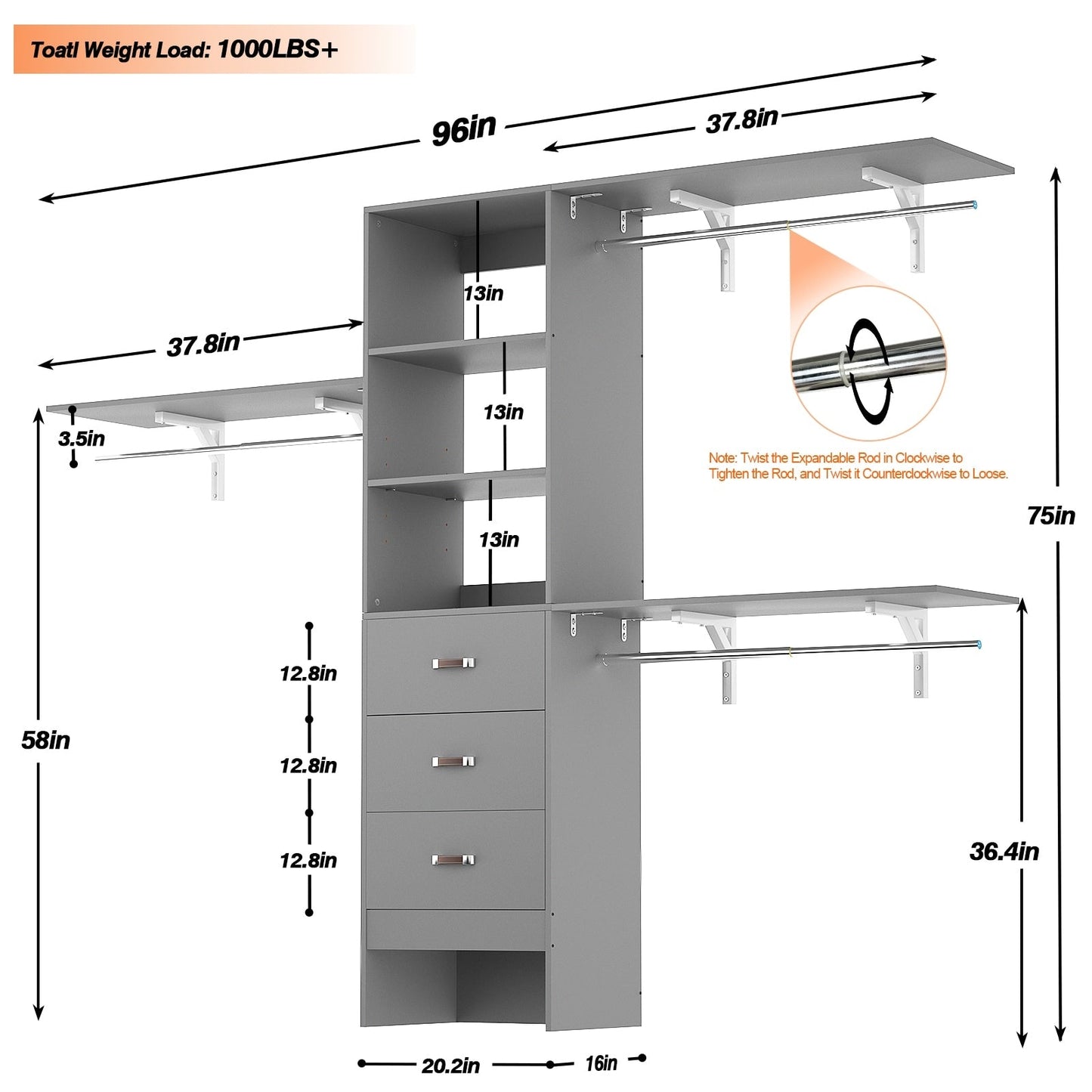 Rackcog Organisateur de placard réglable de 305 cm avec tiroirs, système de rangement avec étagères personnalisables pour placard à l'ancienne et placard aménagé.