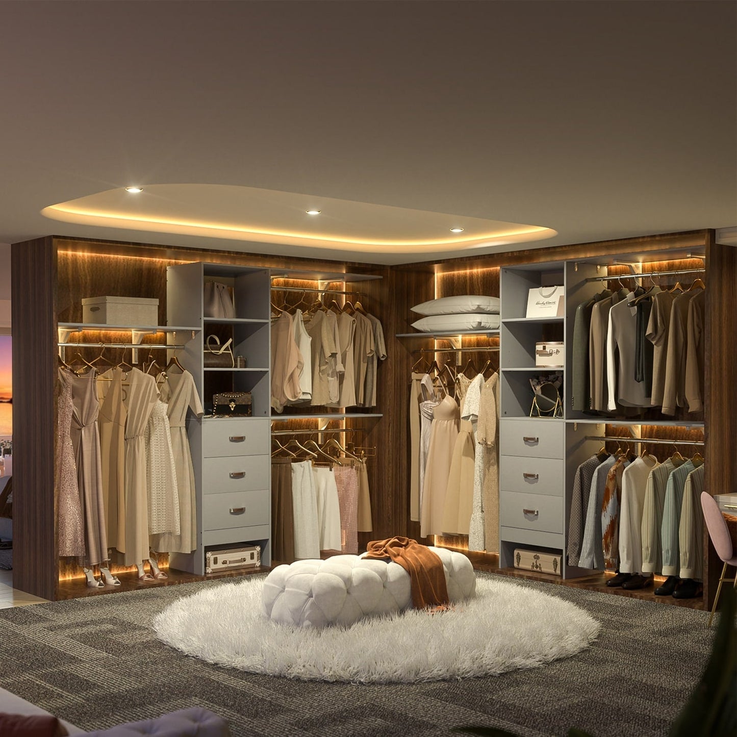 Rackcog Organisateur de placard réglable de 305 cm avec tiroirs, système de rangement avec étagères personnalisables pour placard à l'ancienne et placard aménagé.