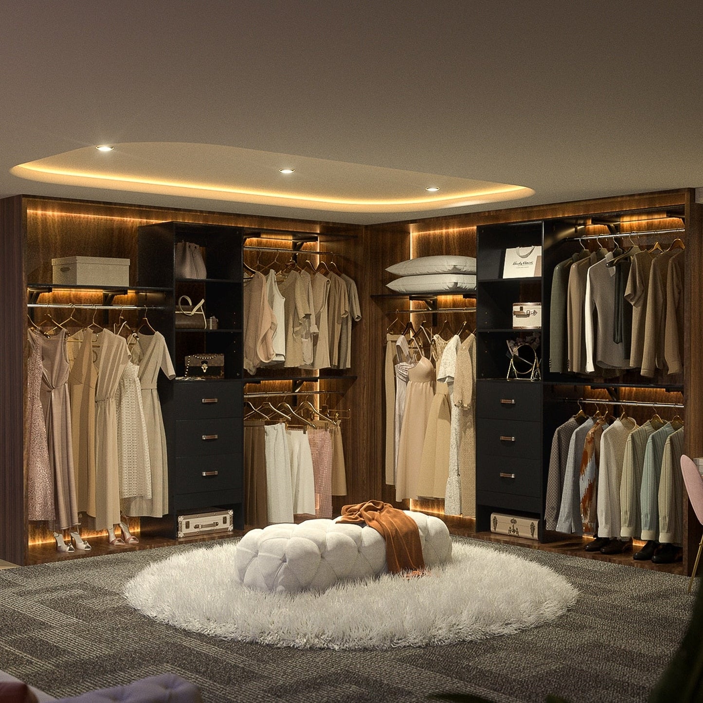 Rackcog Organisateur de placard réglable de 305 cm avec tiroirs, système de rangement avec étagères personnalisables pour placard à l'ancienne et placard aménagé.