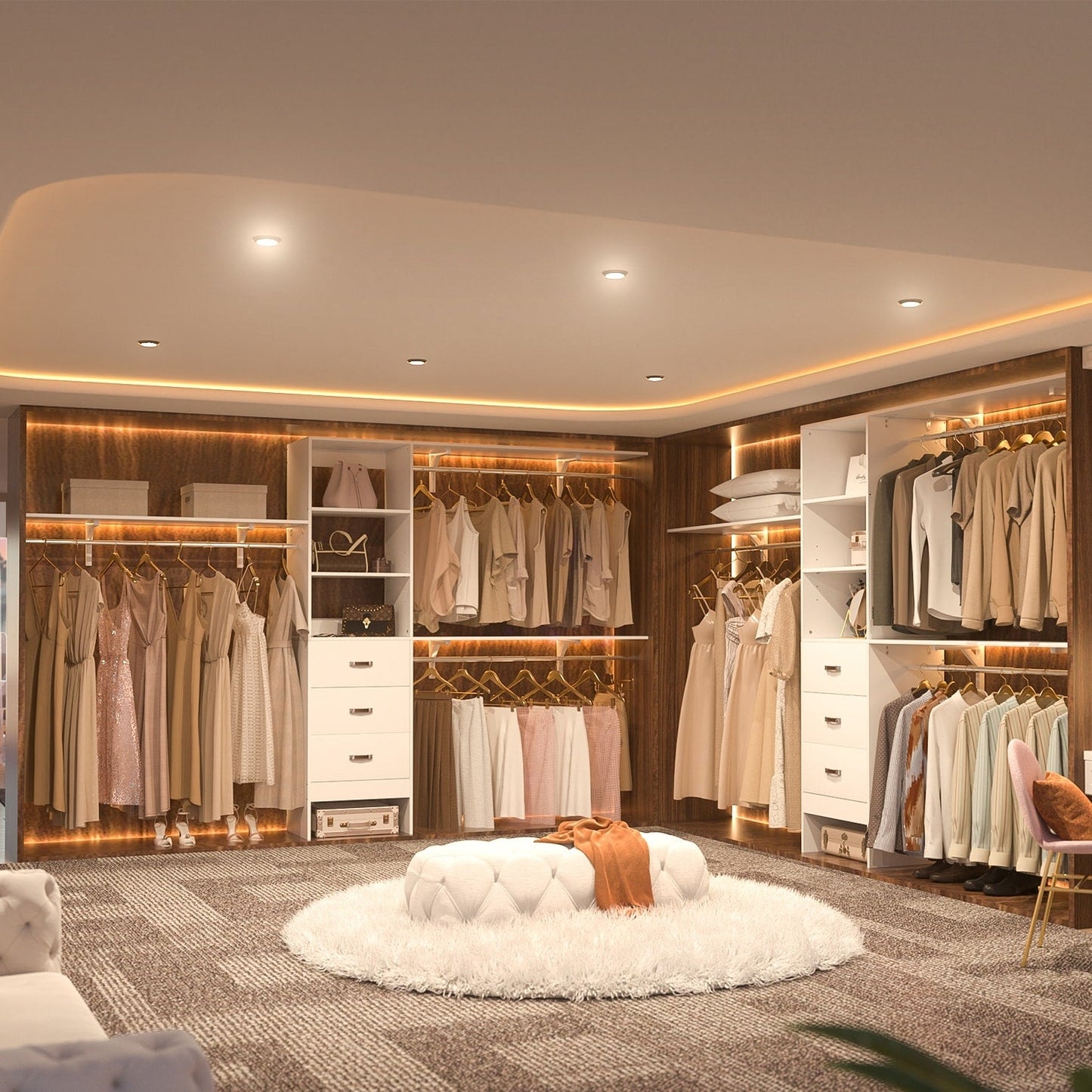 Rackcog Organisateur de placard réglable de 305 cm avec tiroirs, système de rangement avec étagères personnalisables pour placard à l'ancienne et placard aménagé.