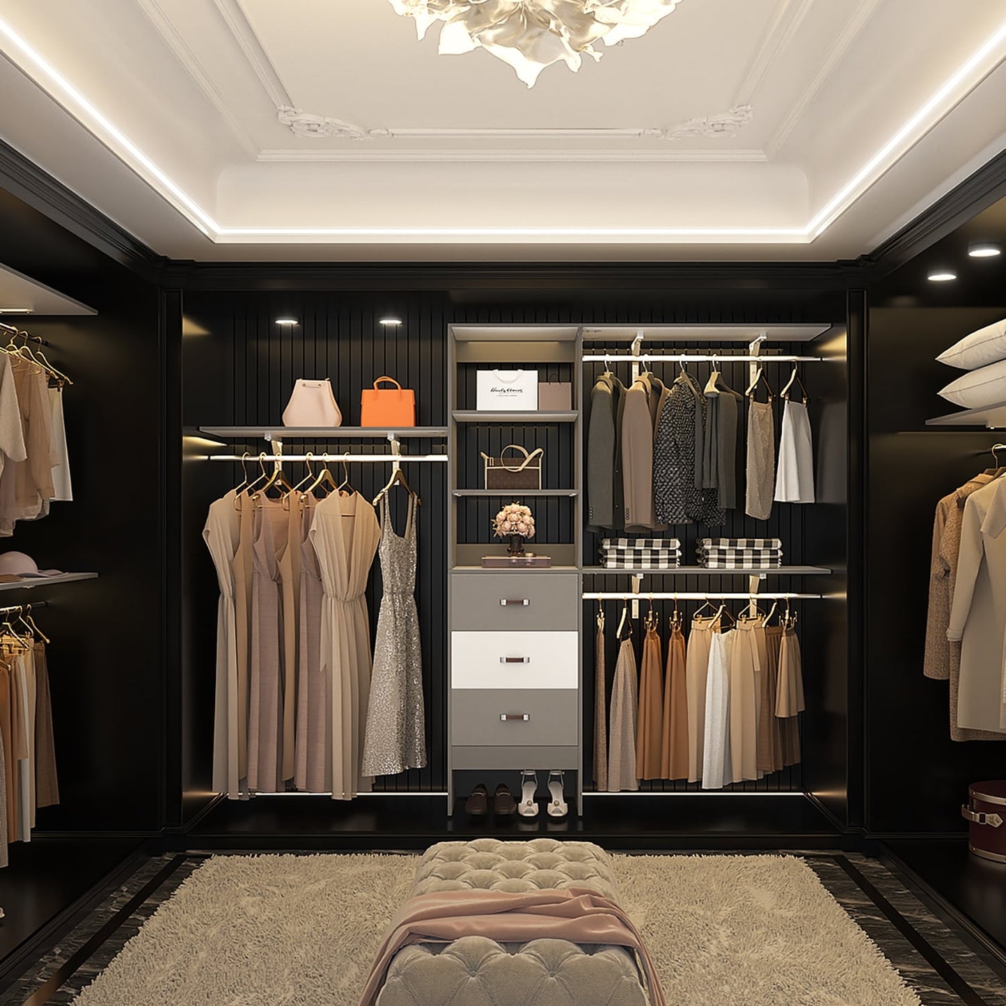 Rackcog Organisateur de placard réglable de 305 cm avec tiroirs, système de rangement avec étagères personnalisables pour placard à l'ancienne et placard aménagé.