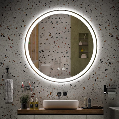 Miroir de coiffure sans cadre, rond, à éclairage LED, avec fonction de gradation et anti-buée.