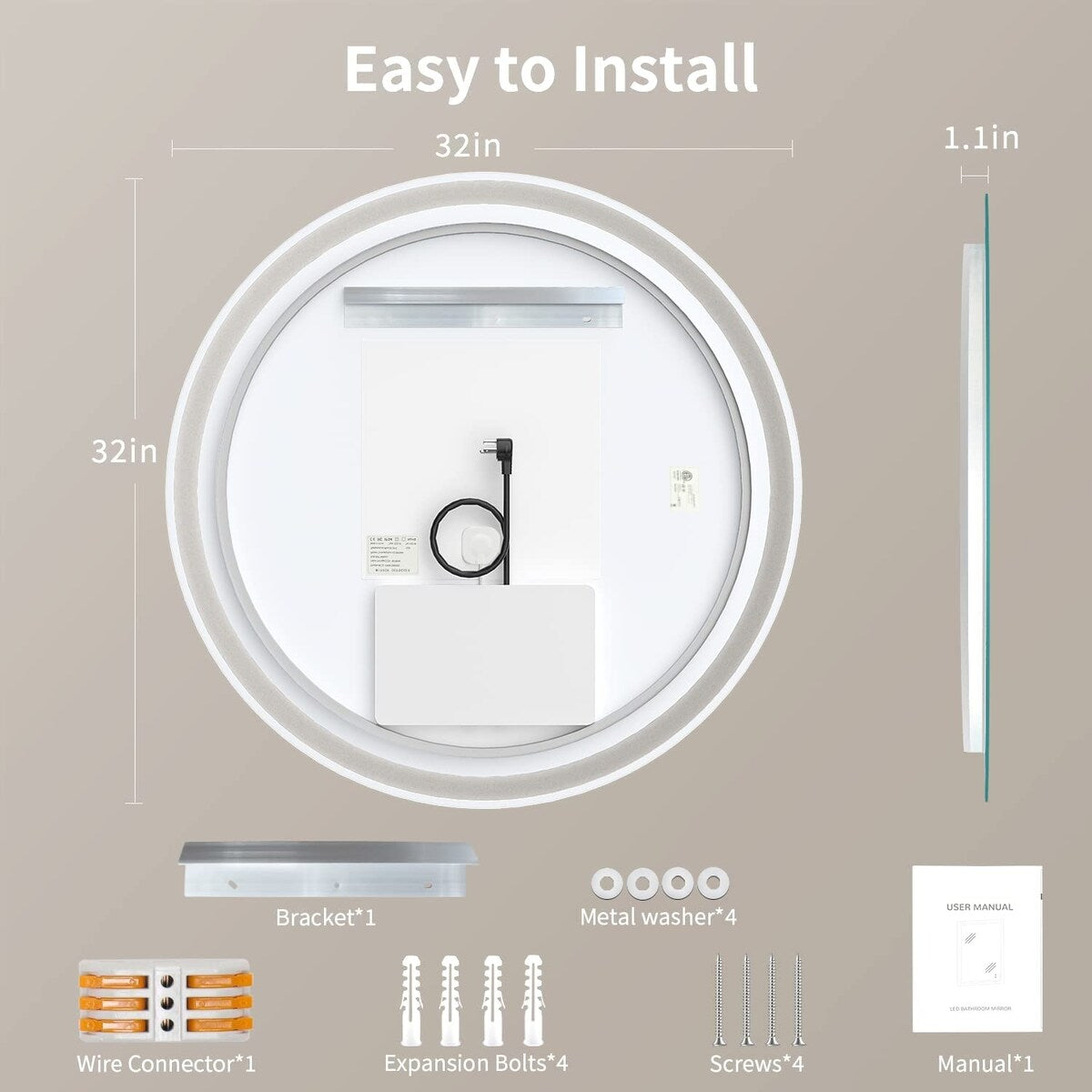 Miroir de coiffure sans cadre, rond, à éclairage LED, avec fonction de gradation et anti-buée.