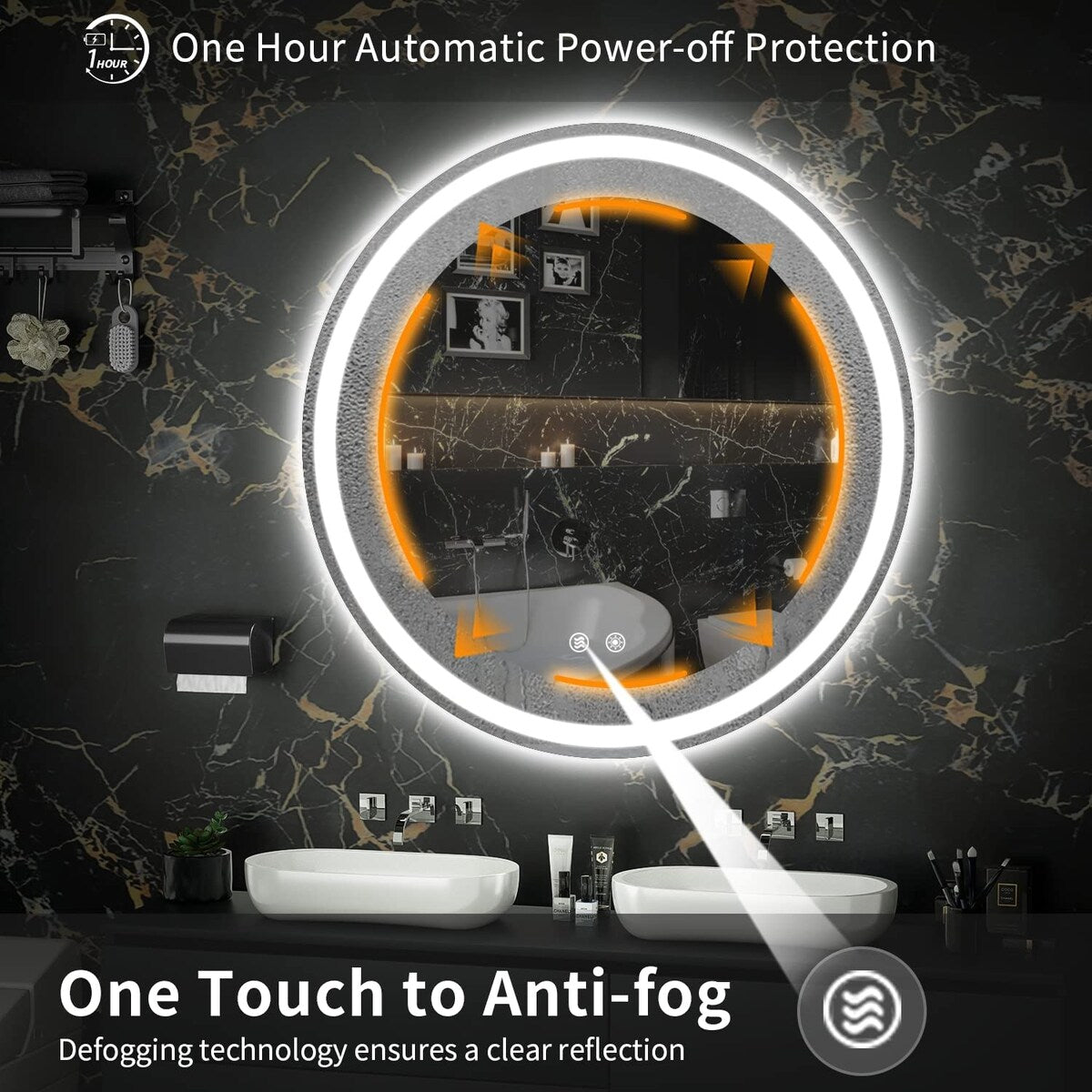 Miroir de coiffure sans cadre, rond, à éclairage LED, avec fonction de gradation et anti-buée.