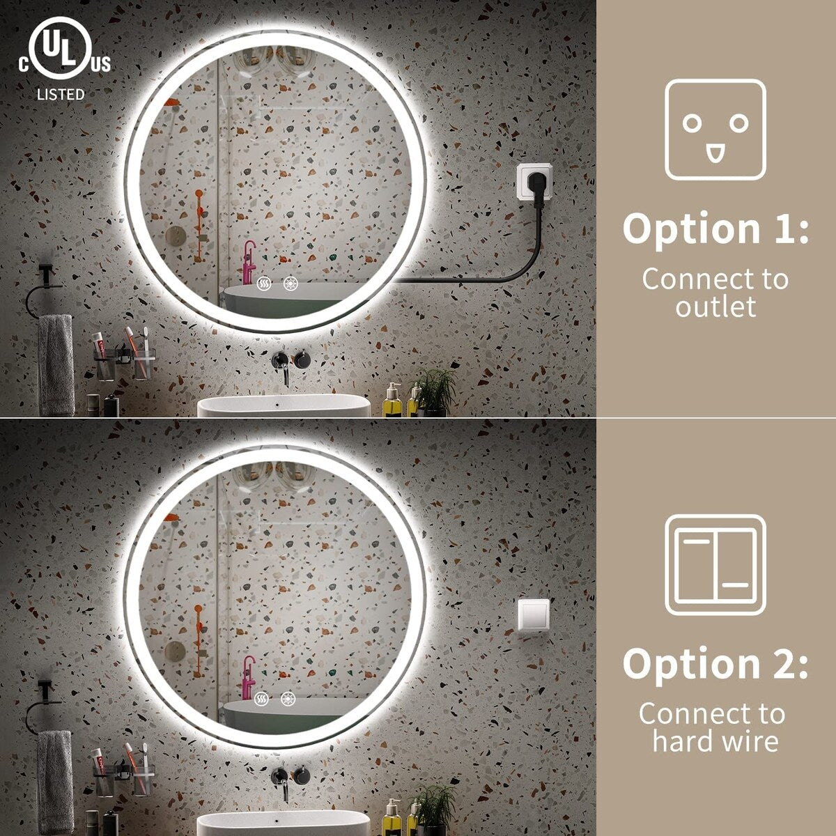 Miroir de coiffure sans cadre, rond, à éclairage LED, avec fonction de gradation et anti-buée.