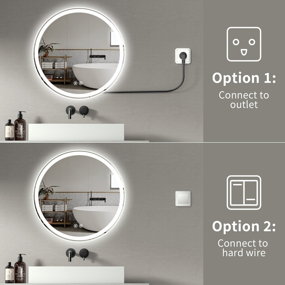 Miroir de coiffure sans cadre, rond, à éclairage LED, avec fonction de gradation et anti-buée.