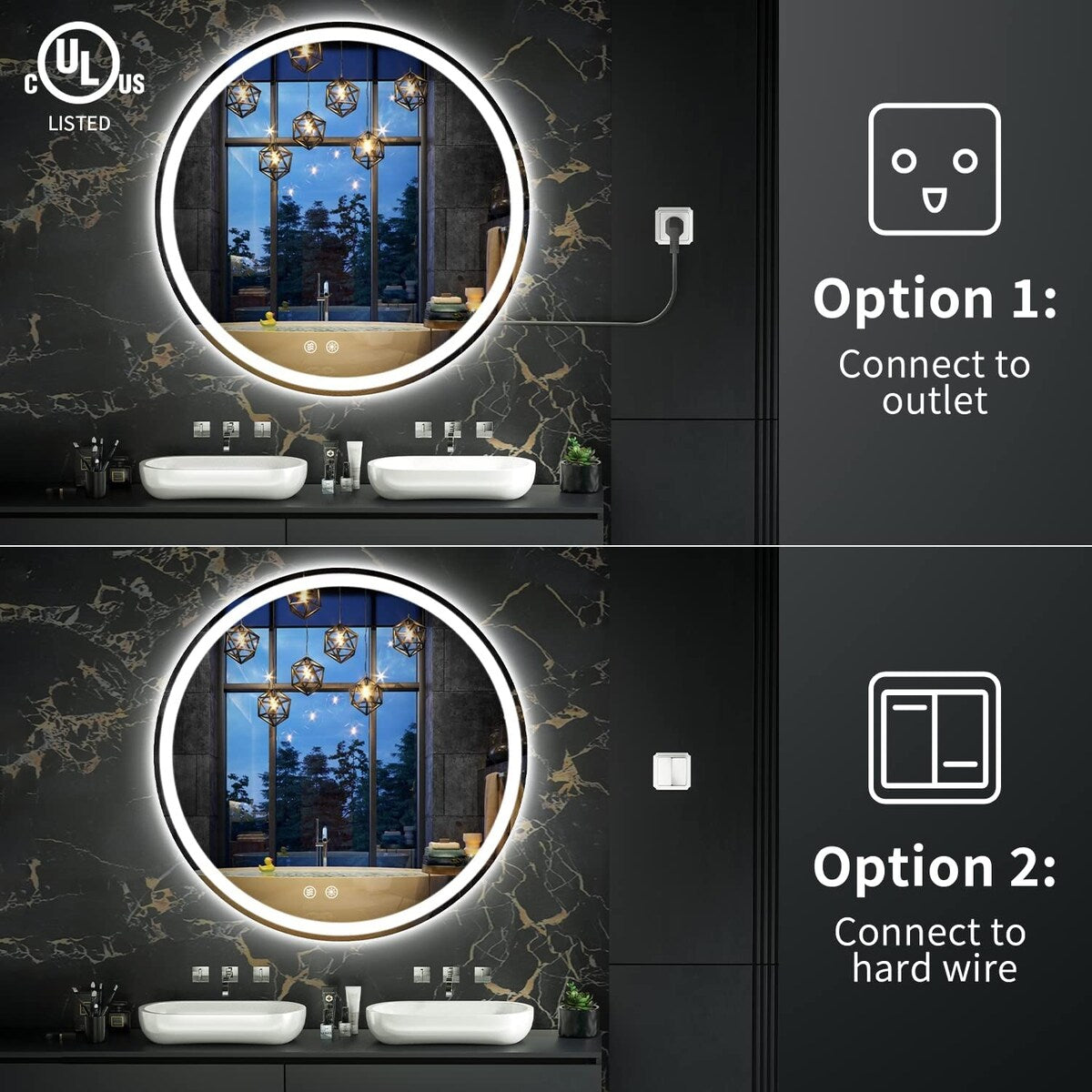 Miroir de coiffure sans cadre, rond, à éclairage LED, avec fonction de gradation et anti-buée.