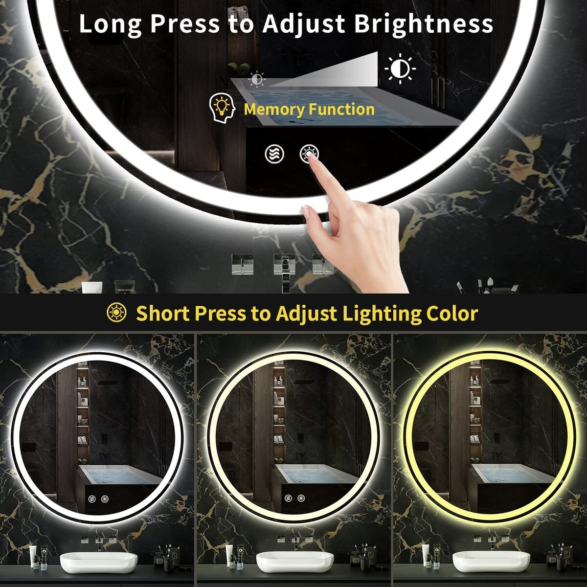 Miroir de coiffure sans cadre, rond, à éclairage LED, avec fonction de gradation et anti-buée.