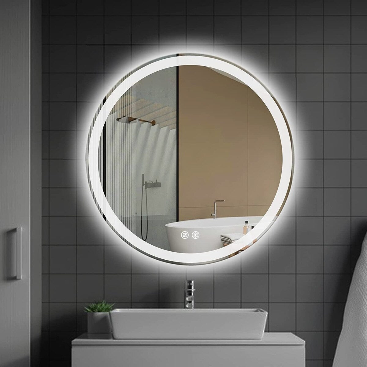Miroir de coiffure sans cadre, rond, à éclairage LED, avec fonction de gradation et anti-buée.