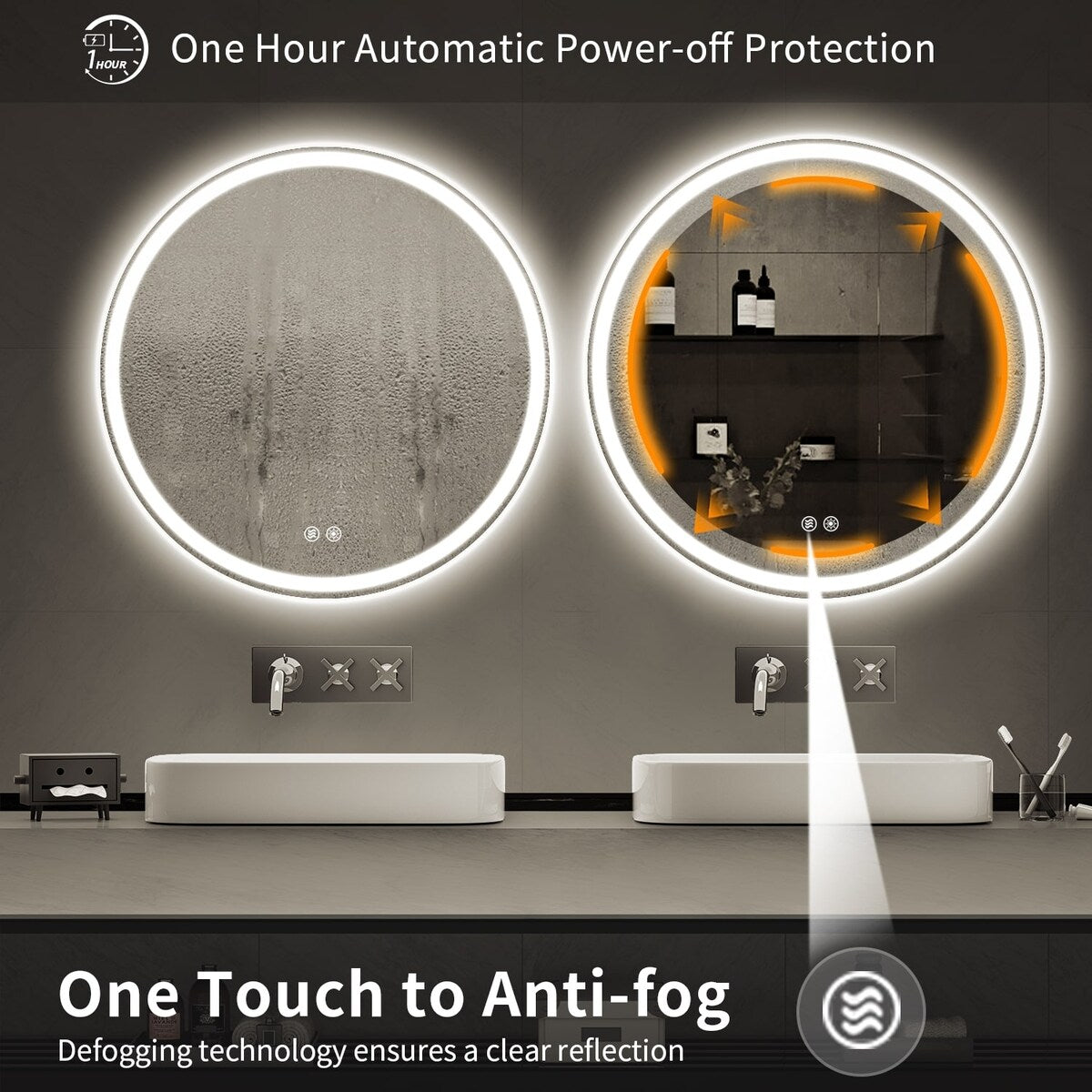 Miroir de coiffure sans cadre, rond, à éclairage LED, avec fonction de gradation et anti-buée.