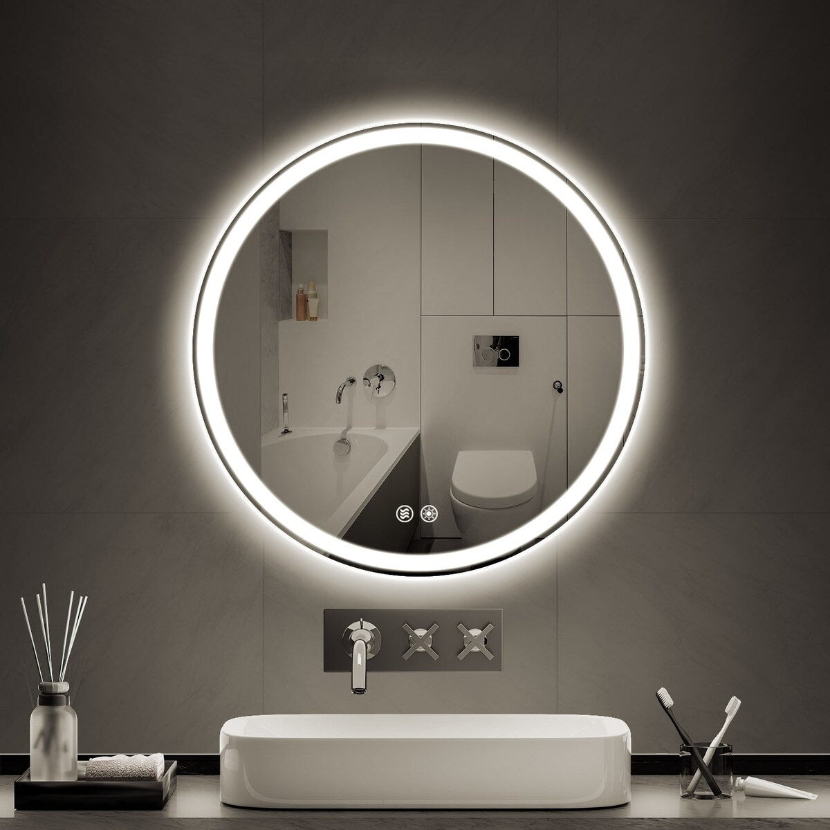 Miroir de coiffure sans cadre, rond, à éclairage LED, avec fonction de gradation et anti-buée.
