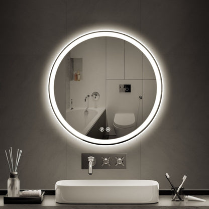 Miroir de coiffure sans cadre, rond, à éclairage LED, avec fonction de gradation et anti-buée.