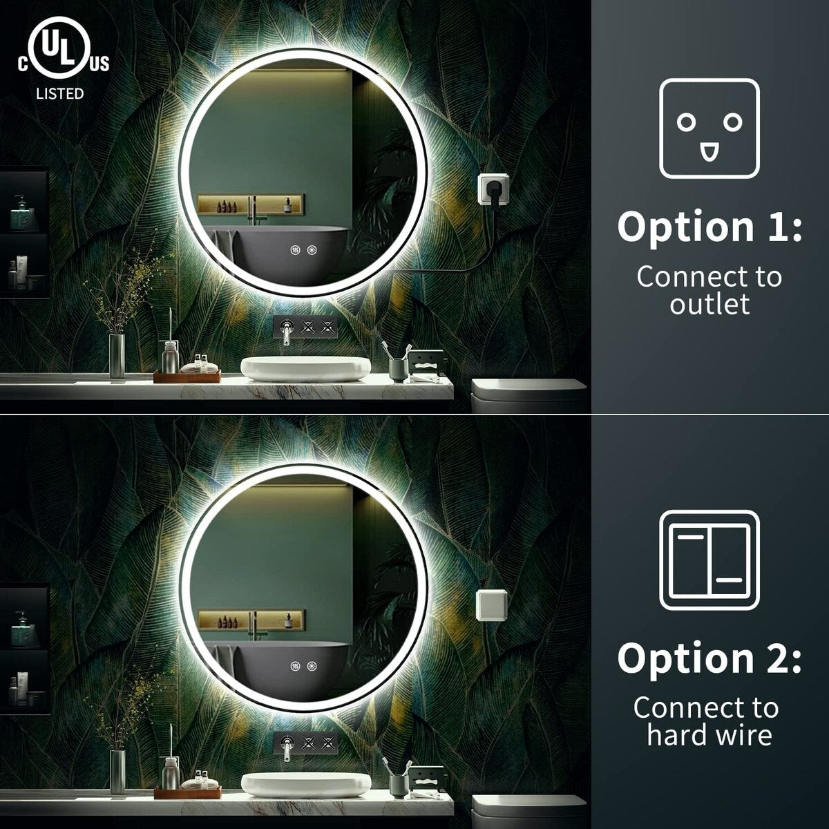 Miroir de coiffure sans cadre, rond, à éclairage LED, avec fonction de gradation et anti-buée.