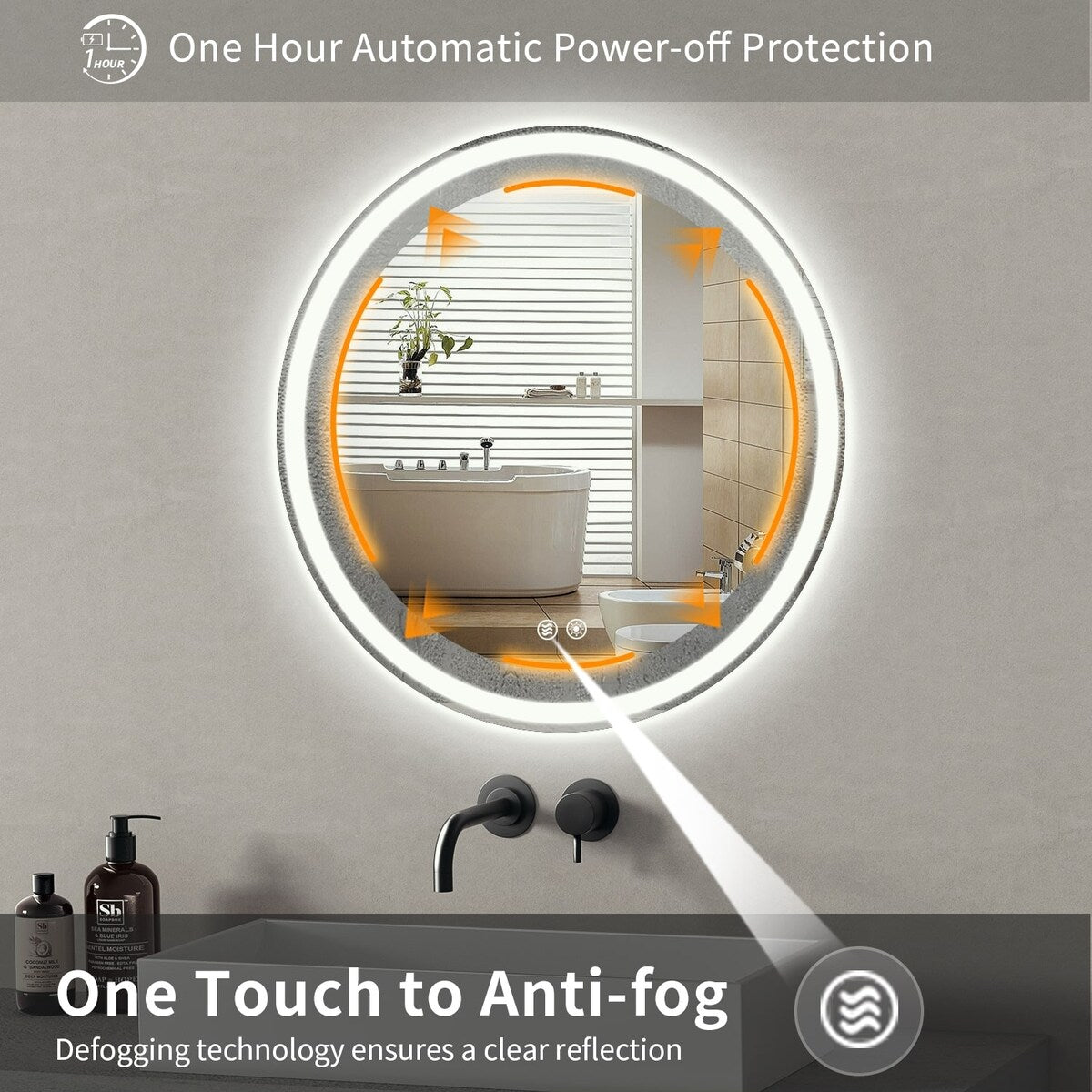 Miroir de coiffure sans cadre, rond, à éclairage LED, avec fonction de gradation et anti-buée.