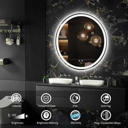Miroir de coiffure sans cadre, rond, à éclairage LED, avec fonction de gradation et anti-buée.