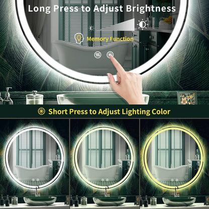 Miroir de coiffure sans cadre, rond, à éclairage LED, avec fonction de gradation et anti-buée.