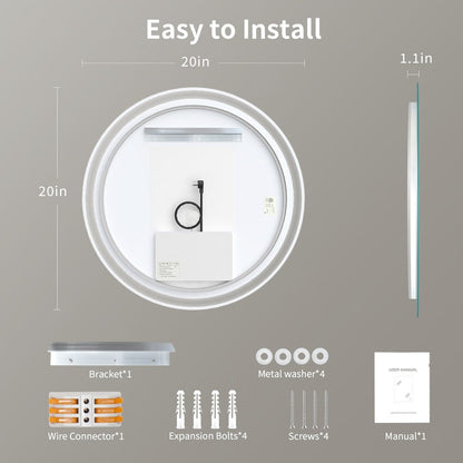 Miroir de coiffure sans cadre, rond, à éclairage LED, avec fonction de gradation et anti-buée.