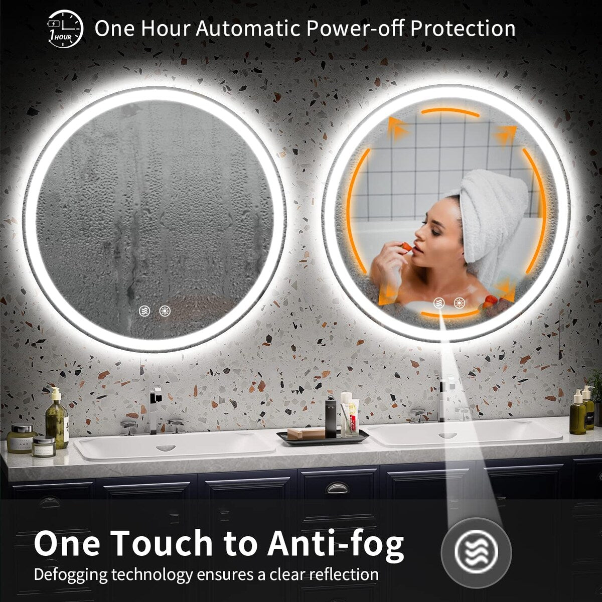 Miroir de coiffure sans cadre, rond, à éclairage LED, avec fonction de gradation et anti-buée.