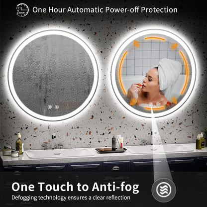 Miroir de coiffure sans cadre, rond, à éclairage LED, avec fonction de gradation et anti-buée.