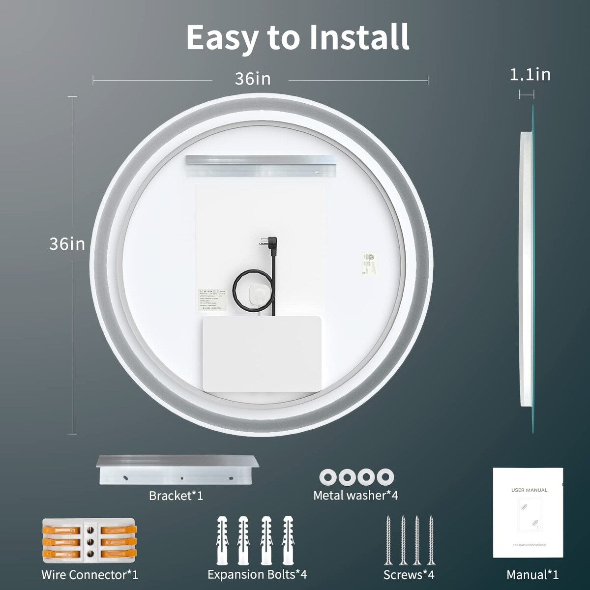 Miroir de coiffure sans cadre, rond, à éclairage LED, avec fonction de gradation et anti-buée.