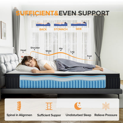 Matelas hybride SweDrea à ressorts avec mousse à mémoire de forme au gel, surcouche de 30 cm (12 po) et niveau de fermeté moyen, certifié CertiPUR-US, SGS et OEKO-TEX.