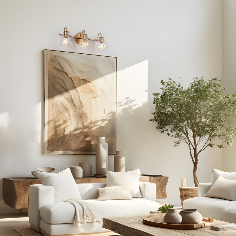 Applique murale moderne dorée à 3 lumières pour salle de bain, avec globe en verre.