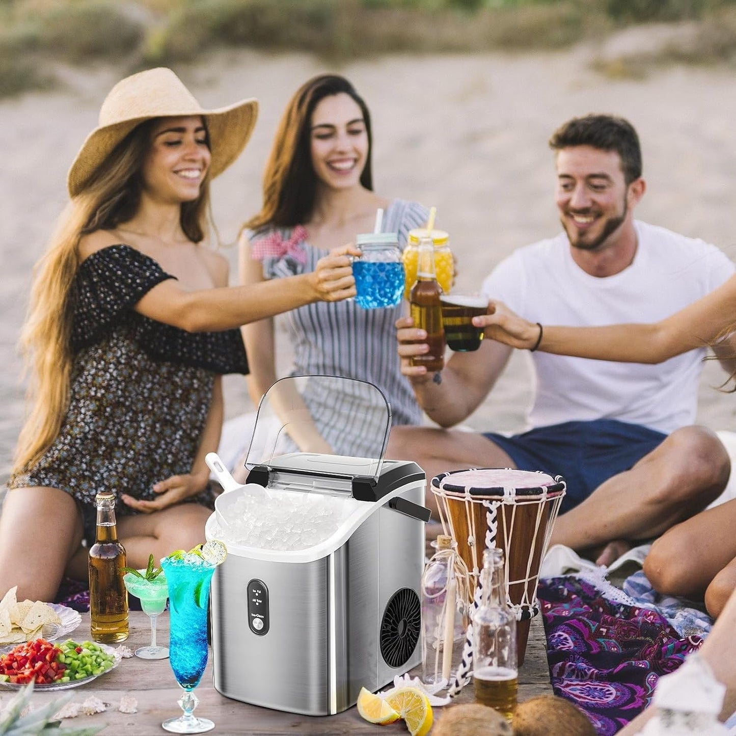 Fabrique de glaçons Nugget Ice portable pour comptoir avec boutons mécaniques, équipée d'un bac à glaçons et d'une pelle à glaçons, en acier inoxydable.