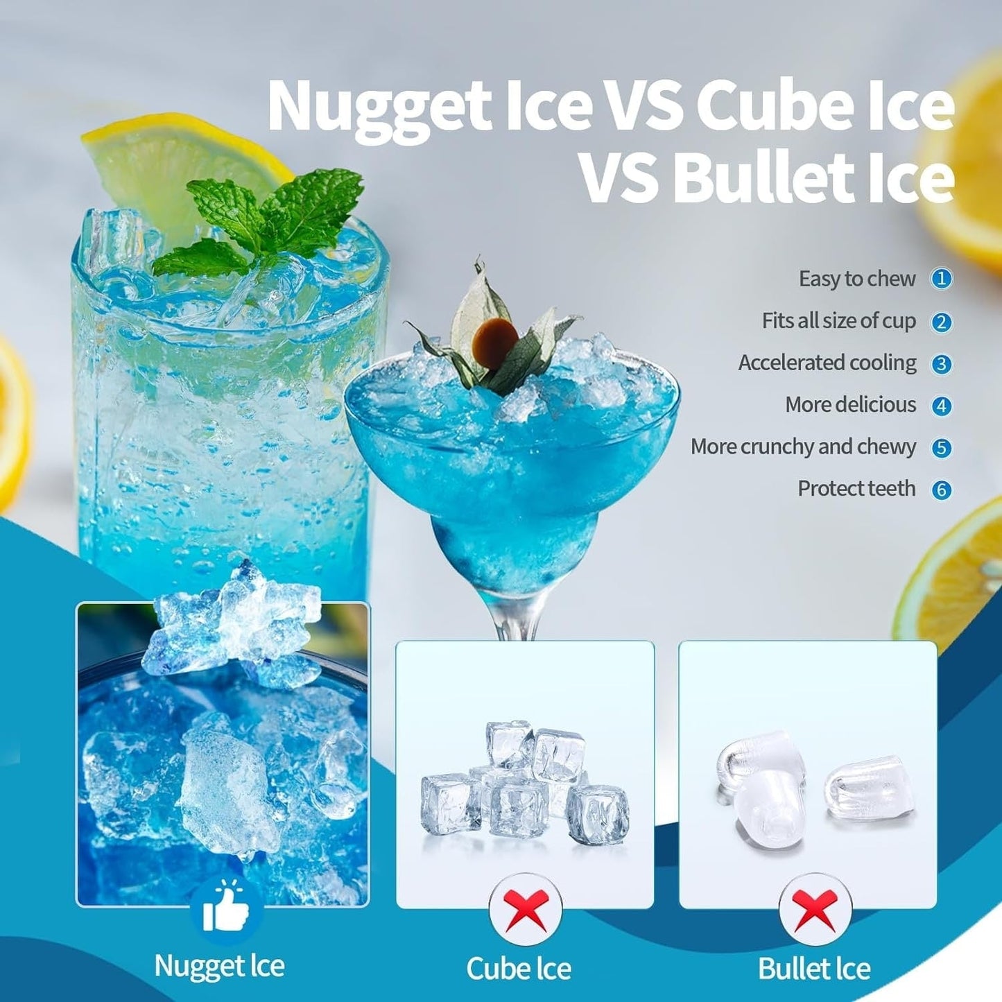 Fabrique de glaçons Nugget Ice portable pour comptoir avec boutons mécaniques, équipée d'un bac à glaçons et d'une pelle à glaçons, en acier inoxydable.
