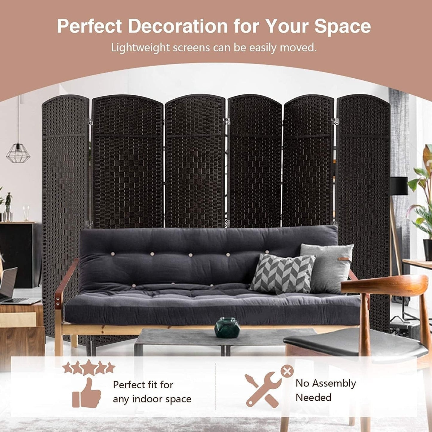 Paravent pliable, séparateur de pièce, hauteur 1,8 m, en fibre tressée, à poser au sol, pour plus d'intimité