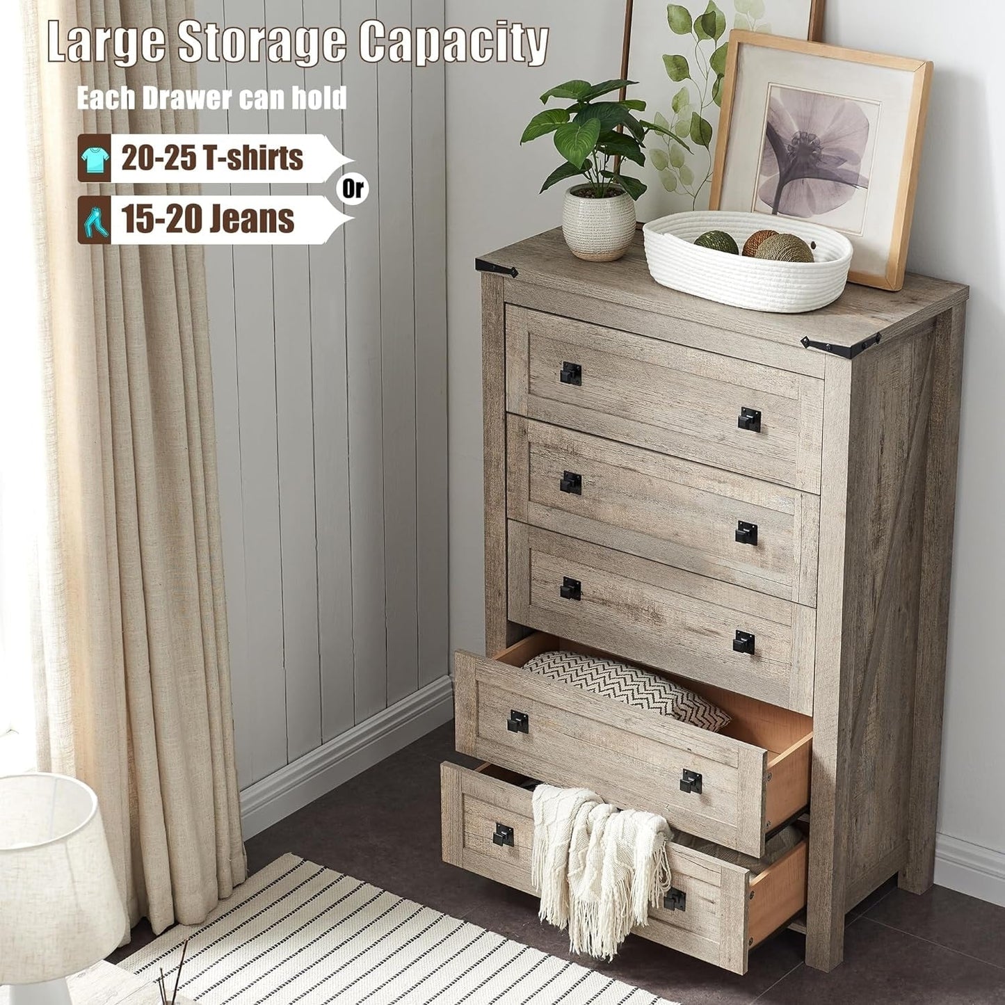 Commode haute de style farmhouse à 5 tiroirs, 48 pouces, en bois, pour chambre à coucher