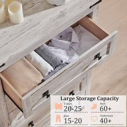 Commode haute de style farmhouse à 5 tiroirs, 48 pouces, en bois, pour chambre à coucher