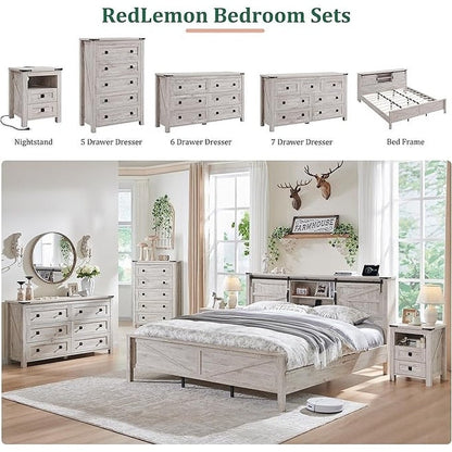 Commode haute de style farmhouse à 5 tiroirs, 48 pouces, en bois, pour chambre à coucher