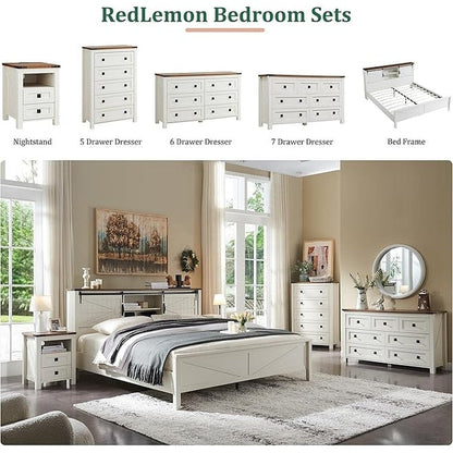 Commode haute de style farmhouse à 5 tiroirs, 48 pouces, en bois, pour chambre à coucher