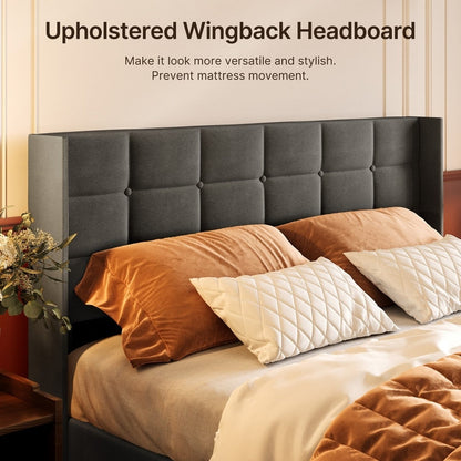 Cadre de lit coffre relevable, cadre de lit plateforme recouvert de tissu avec système de rangement hydraulique et tête de lit.