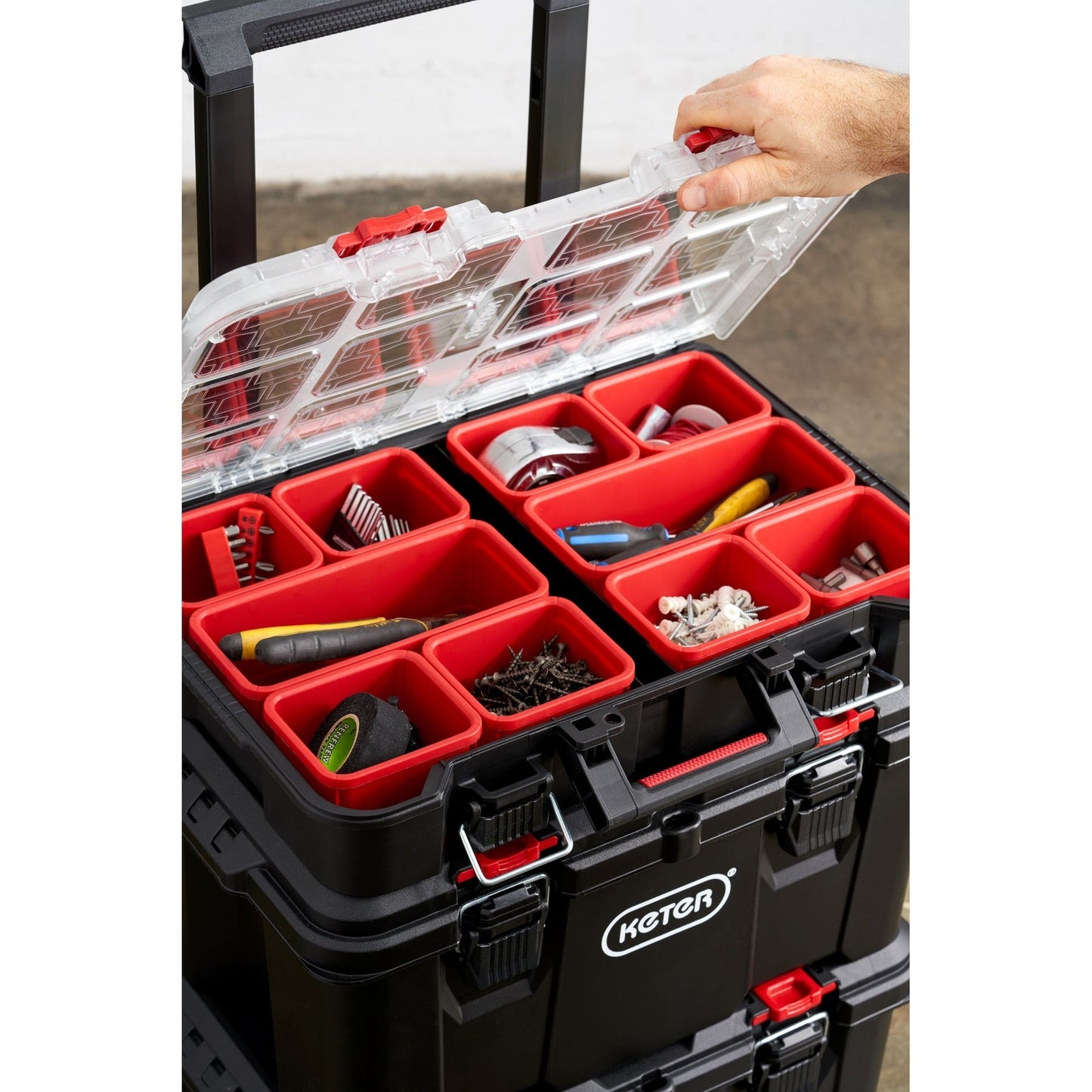 Keter Stack-n-Roll, système de rangement et d'organisation d'outils mobile 3 pièces, coffre à outils modulaire en résine durable