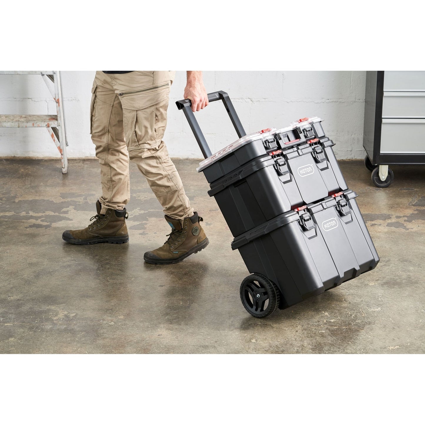 Keter Stack-n-Roll, système de rangement et d'organisation d'outils mobile 3 pièces, coffre à outils modulaire en résine durable