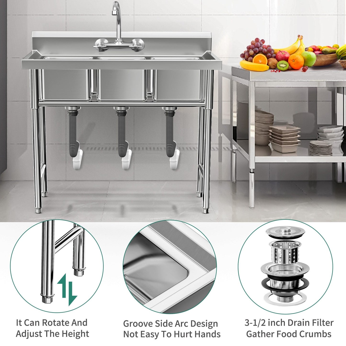 Évier de cuisine en acier inoxydable, cuve à compartiments, évier commercial autoportant