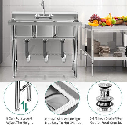 Évier de cuisine en acier inoxydable, cuve à compartiments, évier commercial autoportant