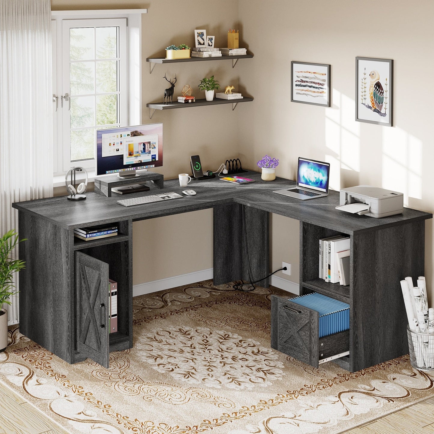 Bureau de jeu en forme de L Moasis, bureau d'ordinateur d'angle de 59 pouces avec support de moniteur