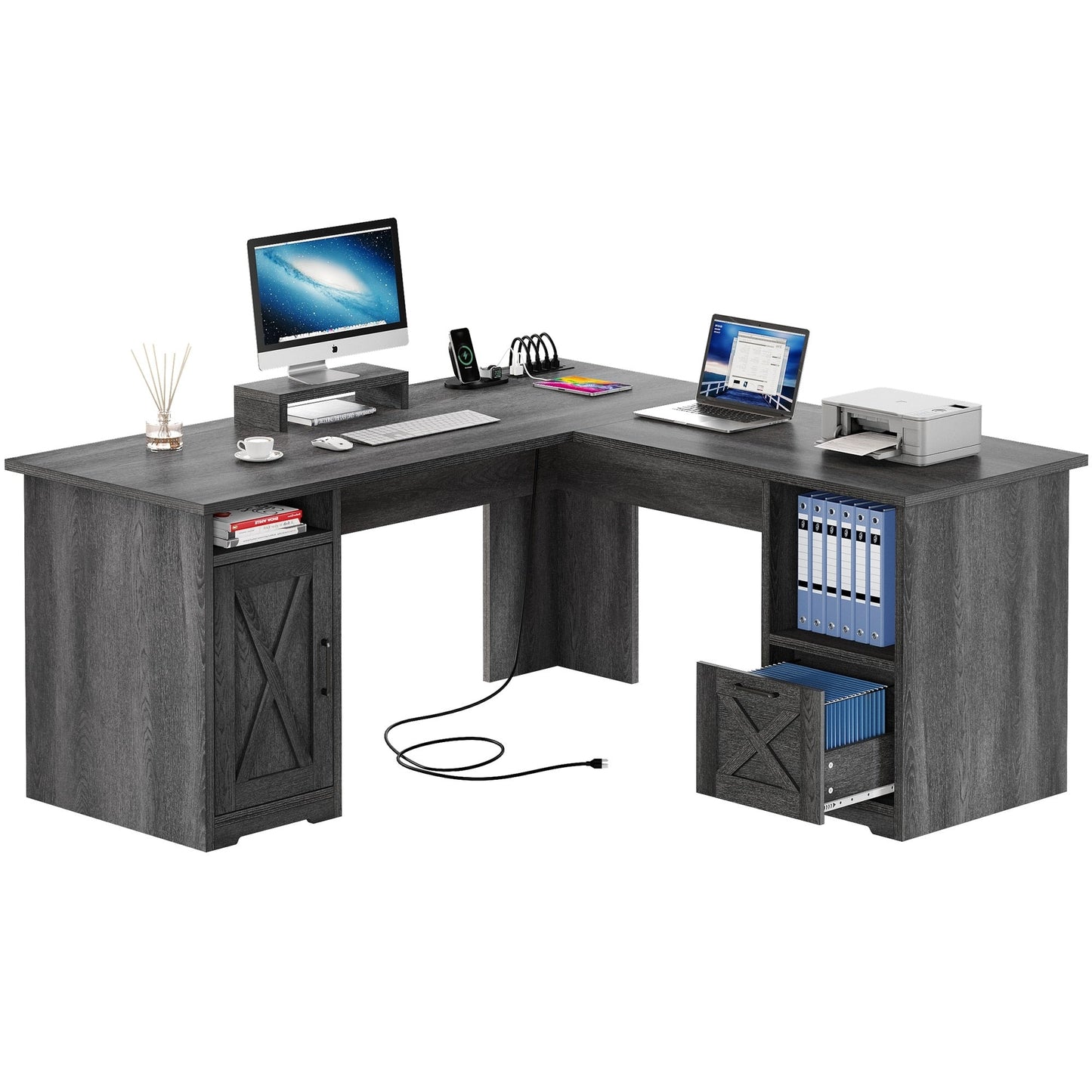 Bureau de jeu en forme de L Moasis, bureau d'ordinateur d'angle de 59 pouces avec support de moniteur