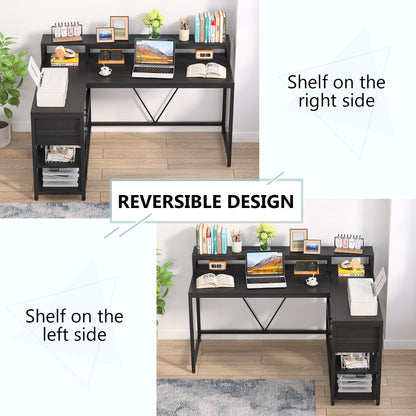 Bureau en forme de L avec tiroir, bureau d'angle pour le bureau à domicile avec étagères de rangement et support de moniteur, bureau d'ordinateur rustique pour petit espace.