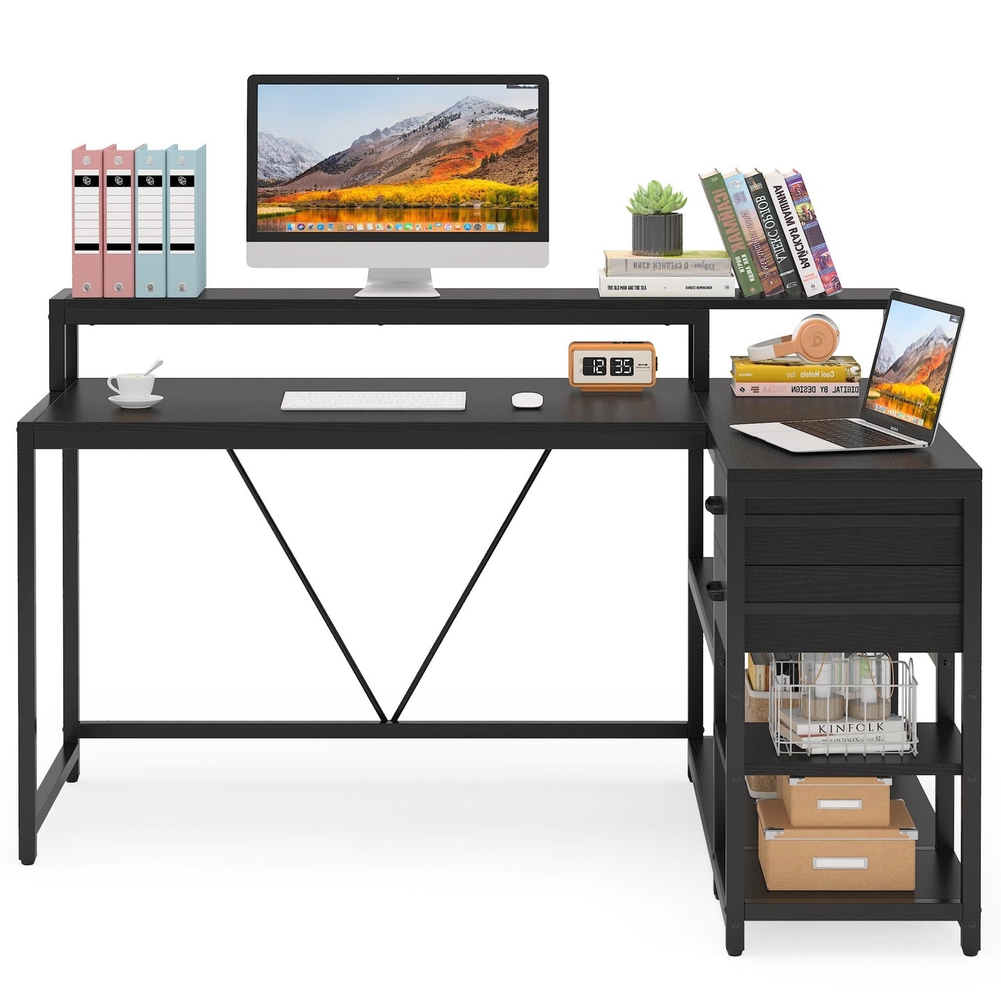Bureau en forme de L avec tiroir, bureau d'angle pour le bureau à domicile avec étagères de rangement et support de moniteur, bureau d'ordinateur rustique pour petit espace.